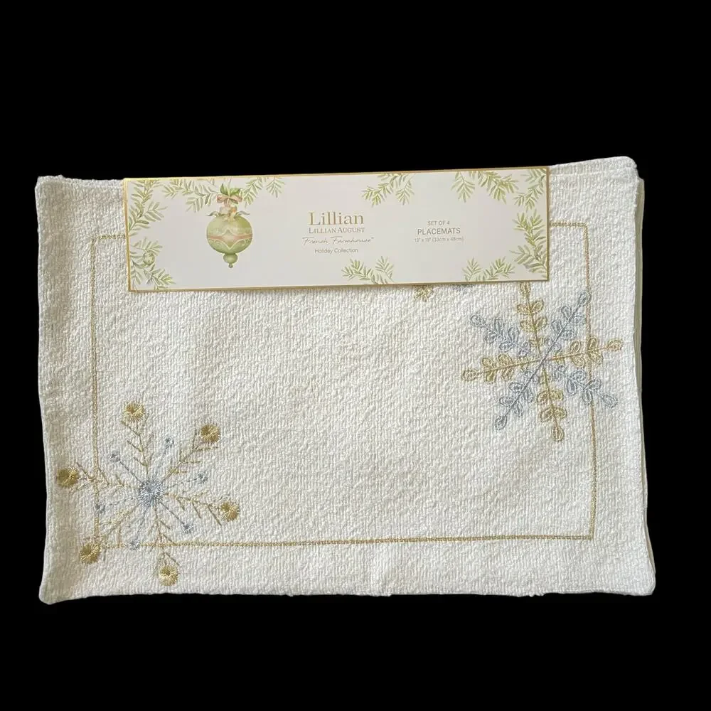 Lillian August Christmas Placemats Set of 4 Gold & Silver Snowflake Holiday Glam